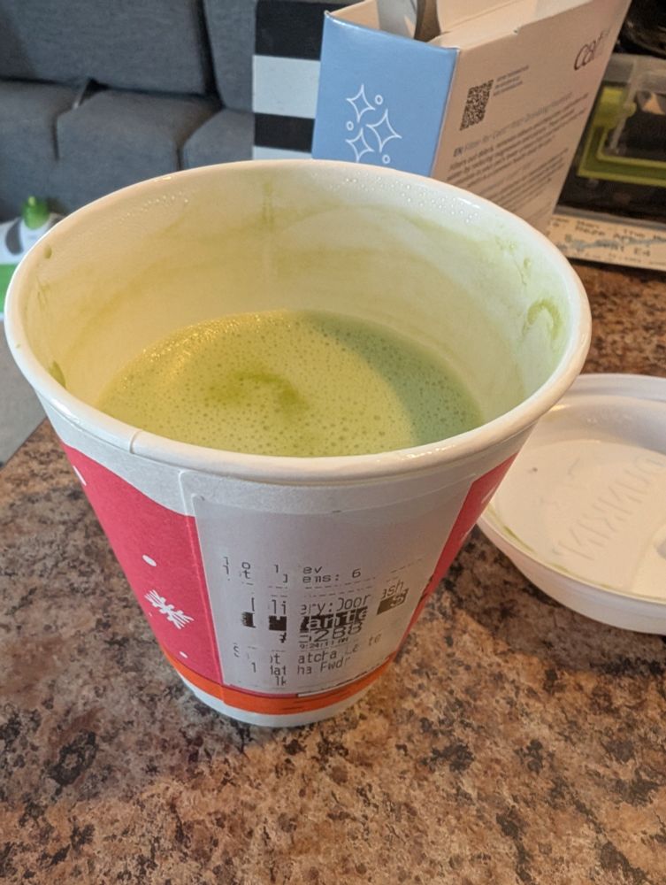 A hot matcha latte from Dunkin Donuts