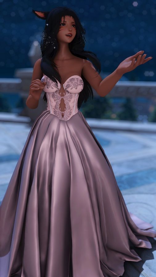 Annette, on a mansion balcony, in a pink gown with a starry filled sky