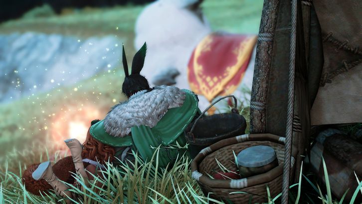 Seraph and Annette cosplaying as Naofumi and Raphtalia from The Rising of the Shield Hero. She's reading a book by the campfire as he pats her head and Filo (a white fat chocobo) sits in the background under a starry sky with fireflies.