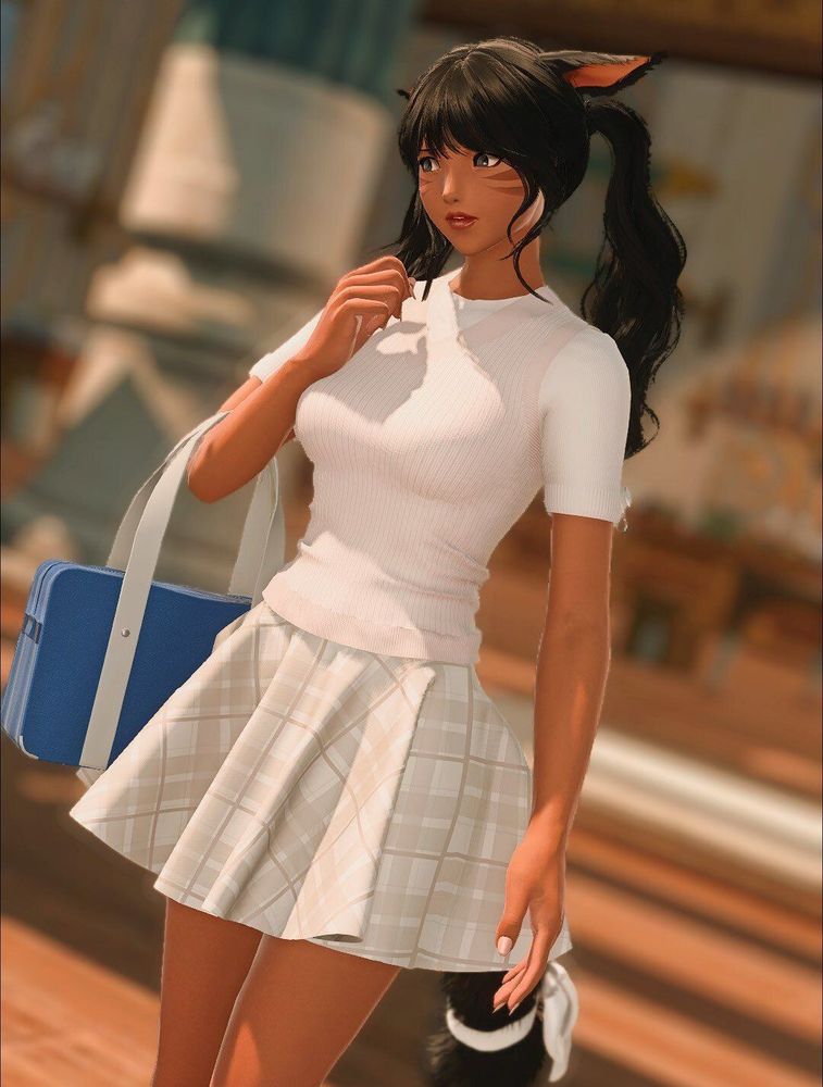 Annette in a pink sweater and plaid skirt, shyly looking away from the person talking to her, her bag on her arm.