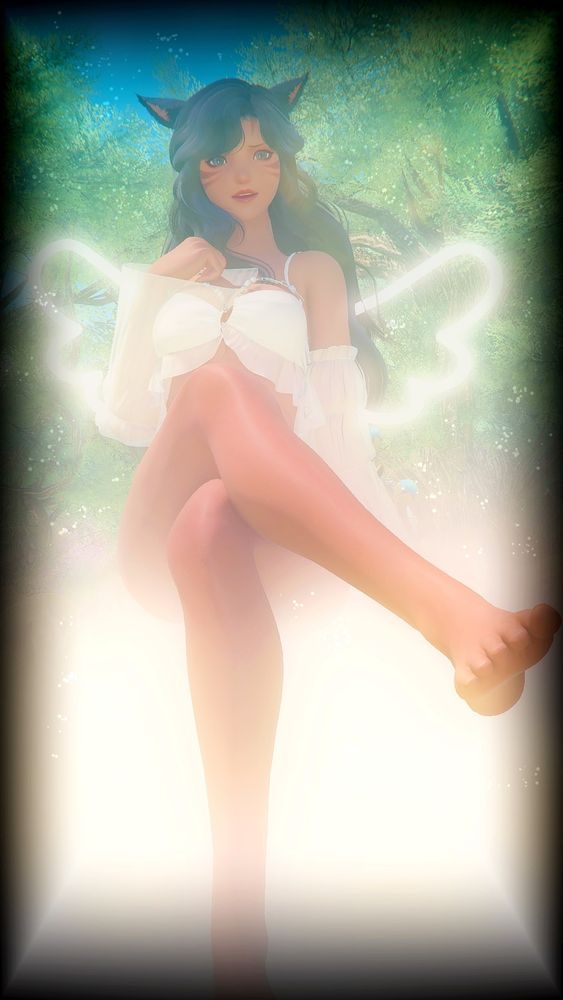Annette posed on a cloud, dressed in white. The image is fuzzy and the edges black as if the viewer's vision is distorted. She looks concerned but relieved to see your eyes open. 