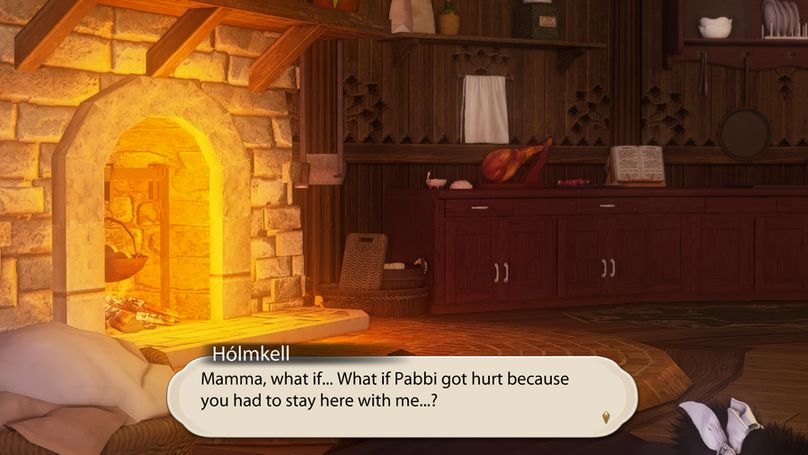 A shot of a warm fireplace. The text is Hólmkell asking Annette "Mamma, what if Pabbi got hurt because you had to stay here with me?"