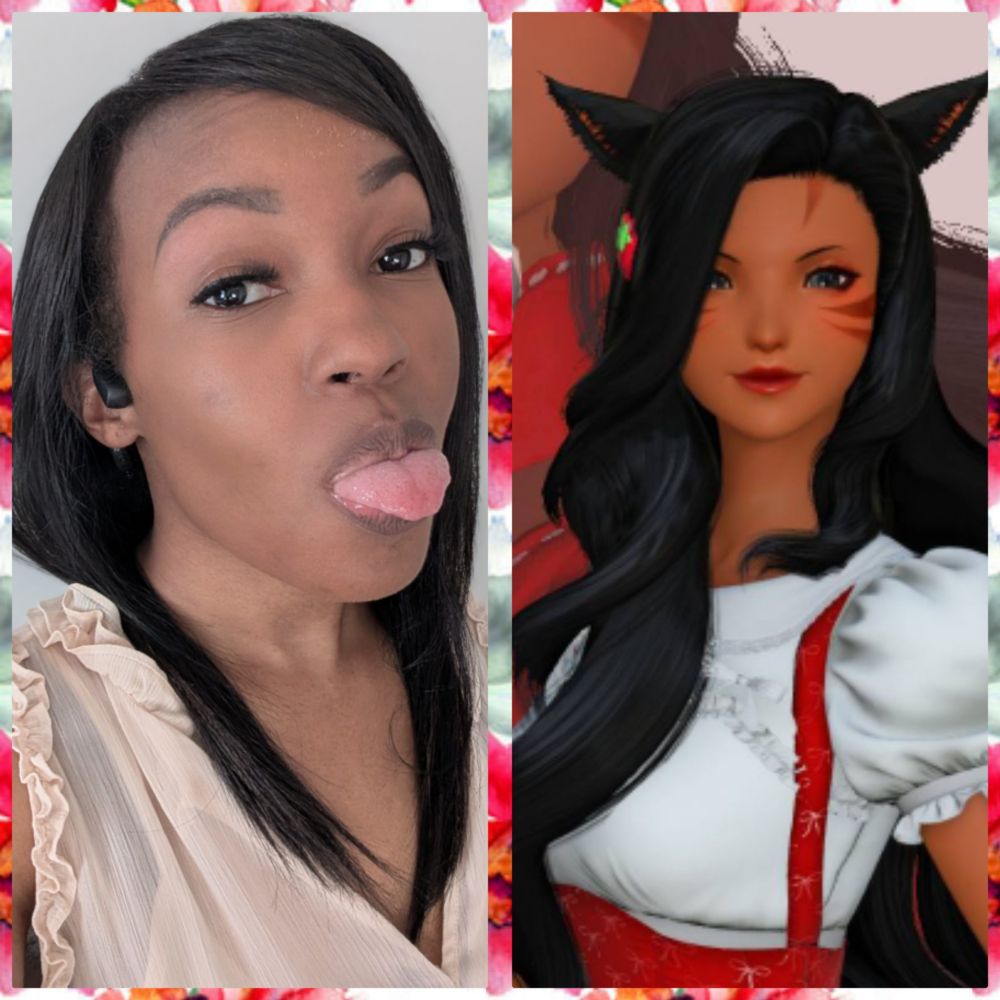 A selfie of myself in a tan dress and making a silly face at the camera beside a picture of Annette in a white blouse and red jumper. Both pictures are framed by a floral background.