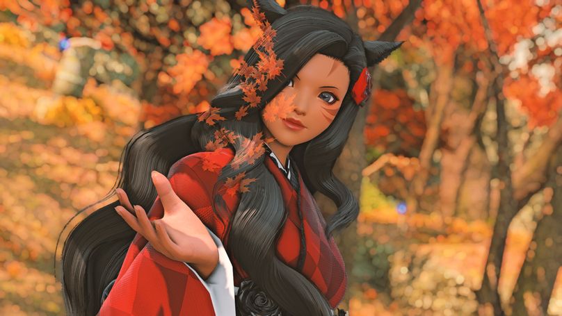 Annette in a gold colored forest with swirling leaves in her hand