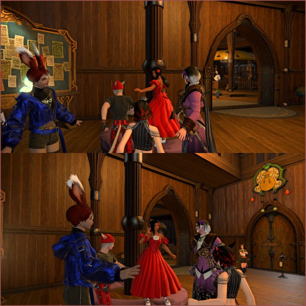 Characters dancing in a shopping district 