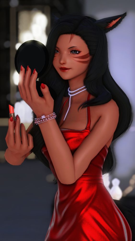 A portrait shot of Annette in a red cocktail dress while putting on lipstick in a mirror