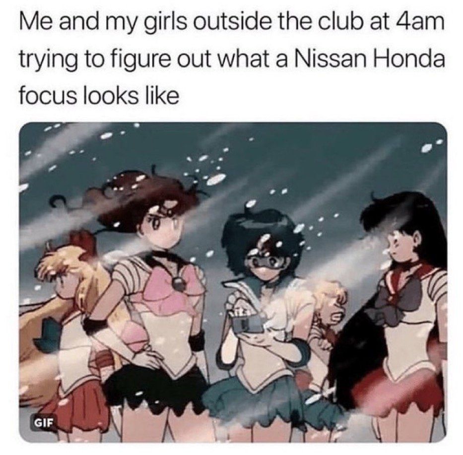An image of the sailor scouts standing in the snow. The text above the image reads "me and the girls outside the club at 4:00 a.m. trying to figure out what a Nissan Honda focus looks like"