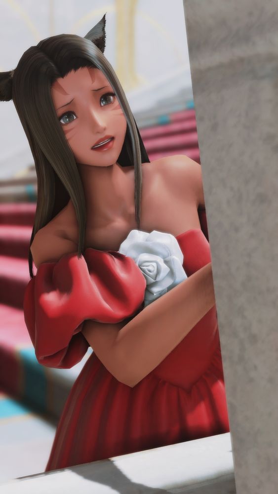 Annette in a red ball gown, peering nervously around a corner 
