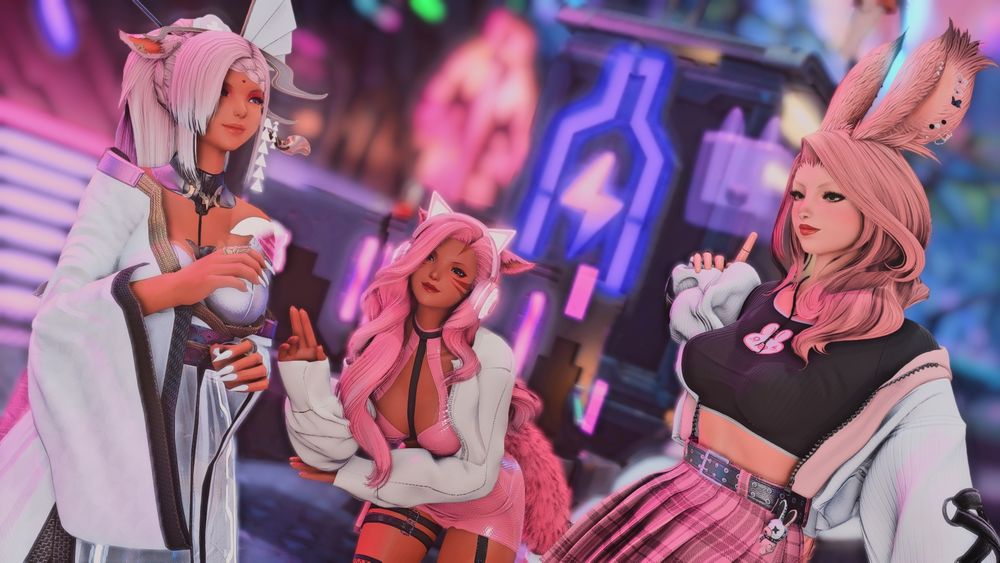 Annette, Buns, and Lady Cait dancing in solution 9, all dressed in pink