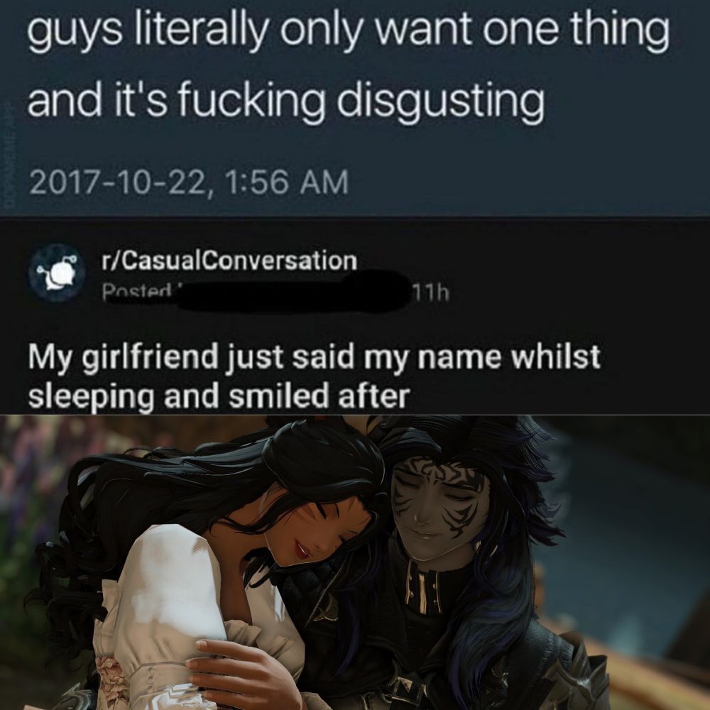 A picture of Ekko carrying Annette, the text reads "guys literally only want one thing and it's fucking disgusting: my girlfriend just said my name whilst sleeping and smiled after."