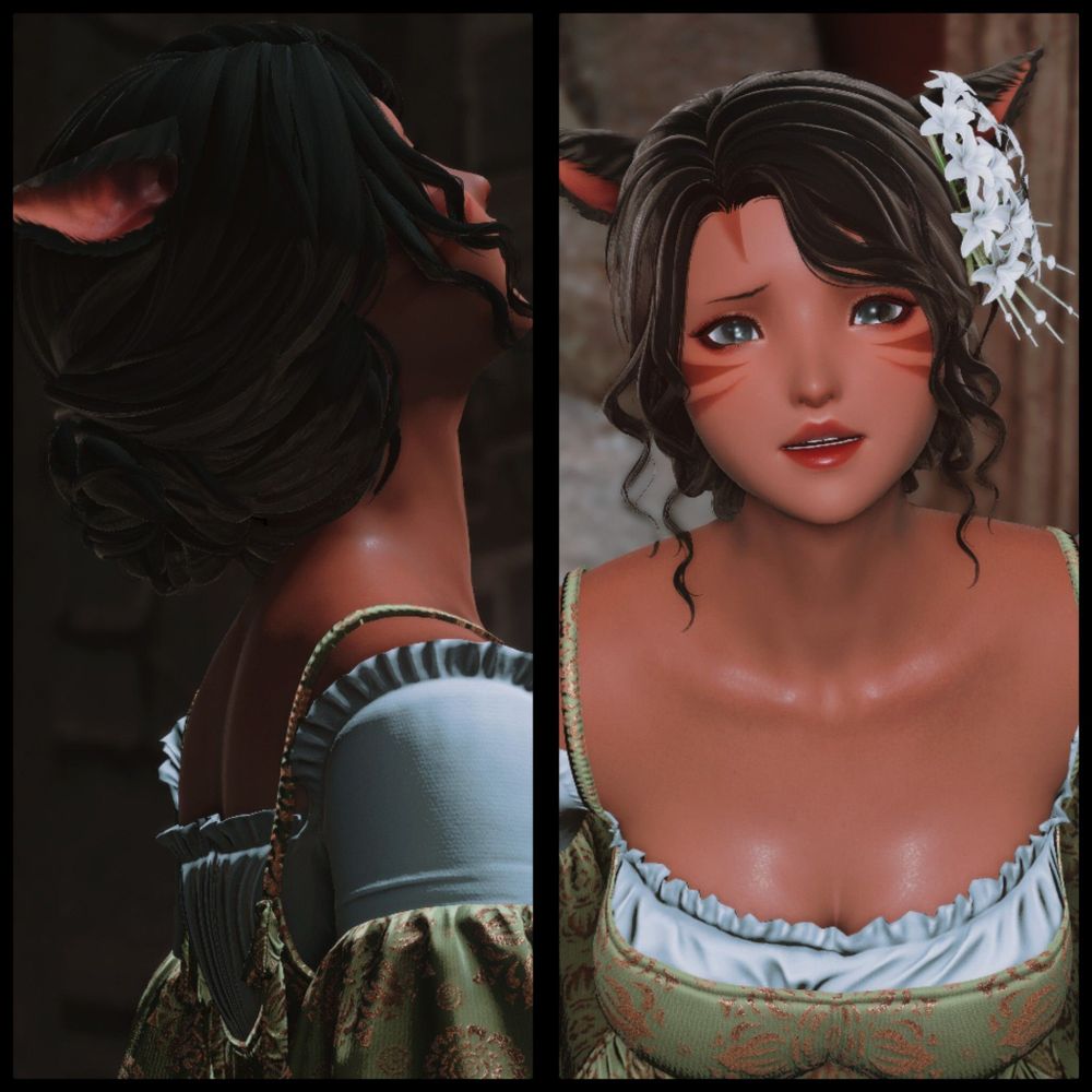 Annette, as a princess, standing in a courtyard looking towards the sky above with tears in her eyes.