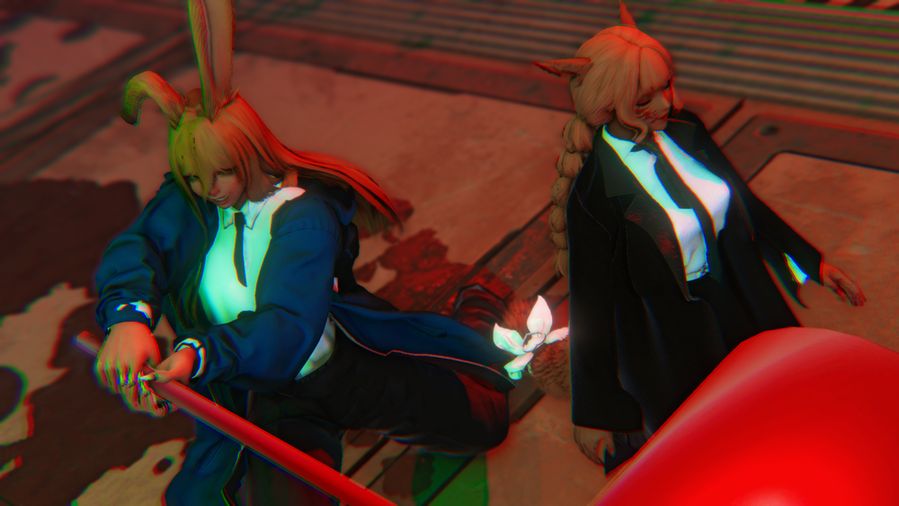 Annette and Kaiyle cosplaying as Makima and Power from Chainsaw Man. The two walkthrough and abandoned laboratory, Power ready to defend as devils attack from right.
