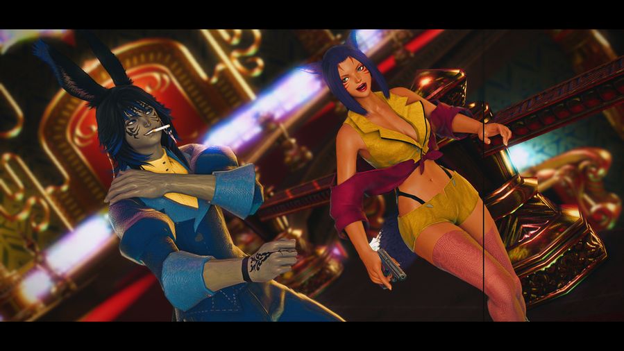 Annette and Ekko cosplaying as Faye and Spike from Cowboy Bebop. The two are in a casino, looking at their next bounty out of the corner of their eyes. The bounty notices he's being watched, and makes a run for it. The two of them watch for a moment before beginning pursuit with a dash of competition.