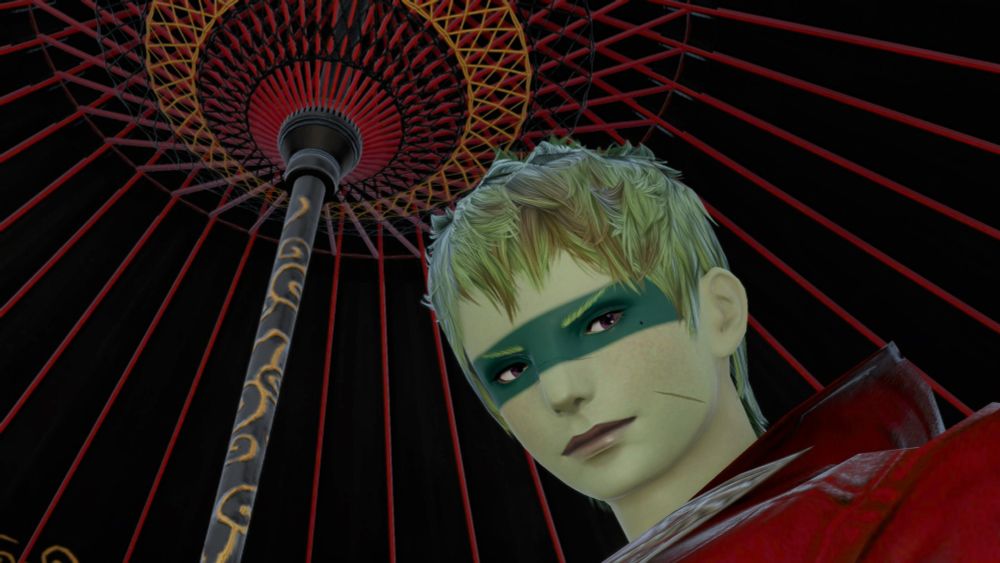 Screenshot of Skarnrael standing beneath a red and black parasol