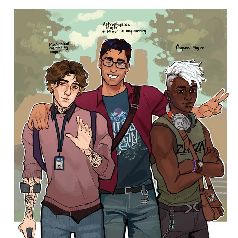 Viktor, Jayce and Ekko are posing for a picture. Their majors are written above each of them. Viktor is a mechanical engineering major, Jayce is a astrophysics major with a minor in engineering and Ekko is a physics major.
