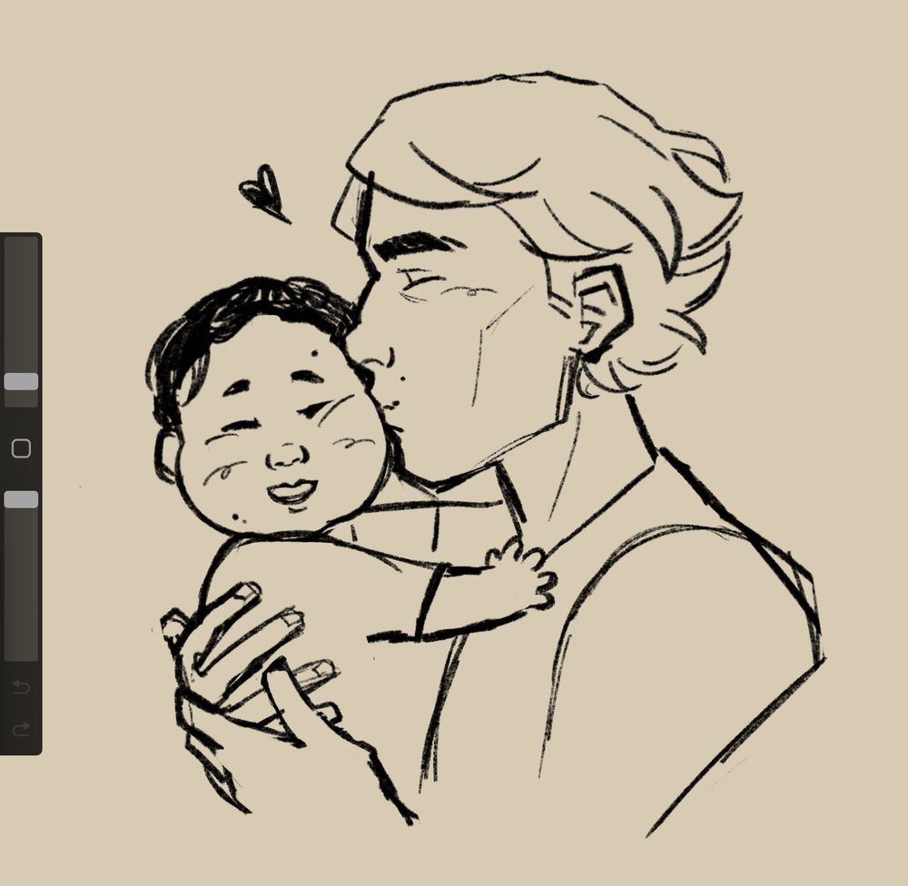 Viktor holding his and Jayce’s baby and kissing him on the cheek. The baby is smiling and pushing Viktor away. There is a small cartoon heart coming from them both.