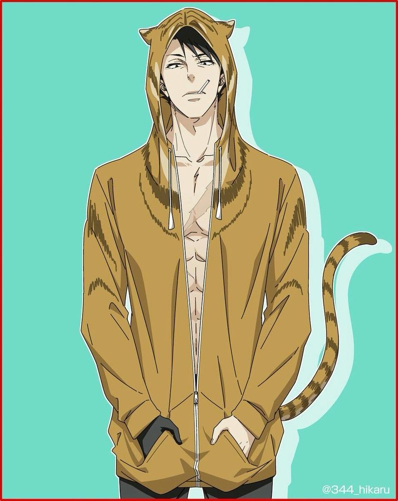 Sebastian Moran from Moriarty the Patriot, wearing a zip-up hoodie with tiger ears and a tail. He has his hands in his pockets. The front of the hoodie is partially unzipped, showing his abs.