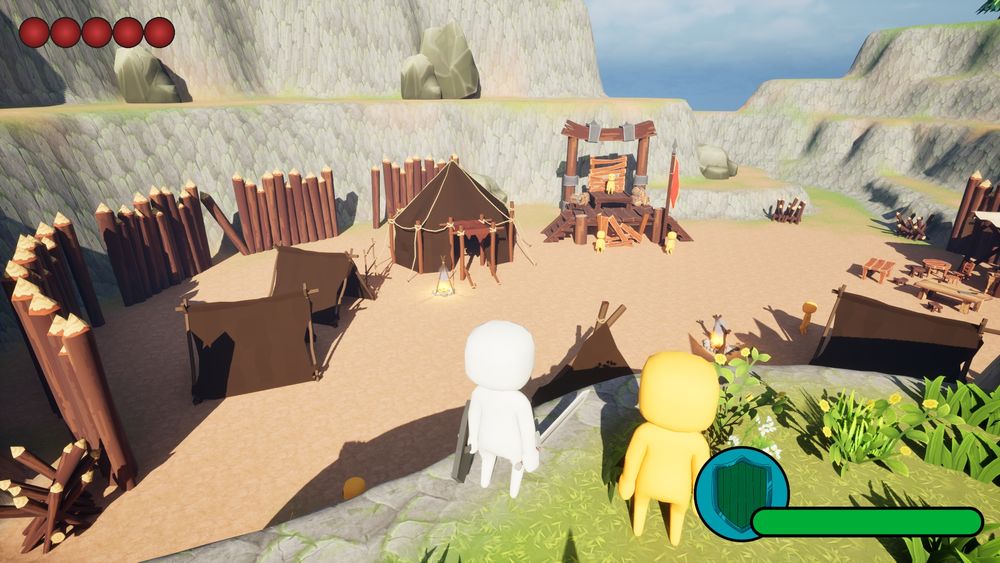 Two white and yellow characters look over a small encampment nestled in a rocky canyon. Tents, wooden structures, and campfires are surrounded by high palisade walls.