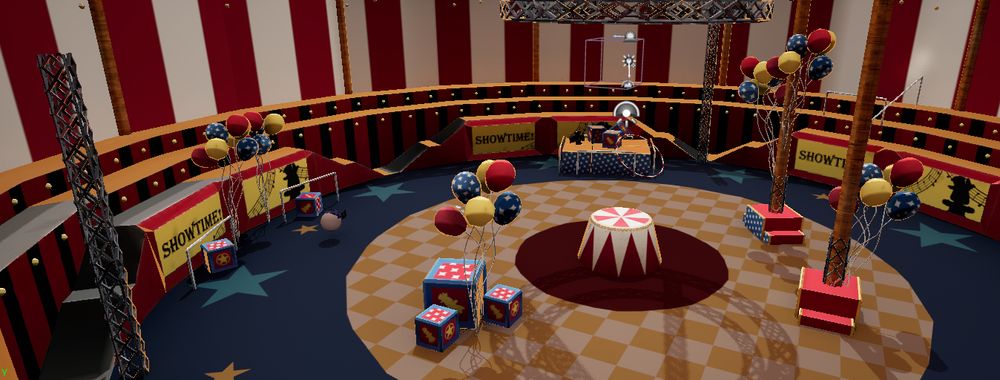 A circular circus arena with vibrant colours, the central ring dotted with crates, pillars and balloons. At its very centre is a circular podium.