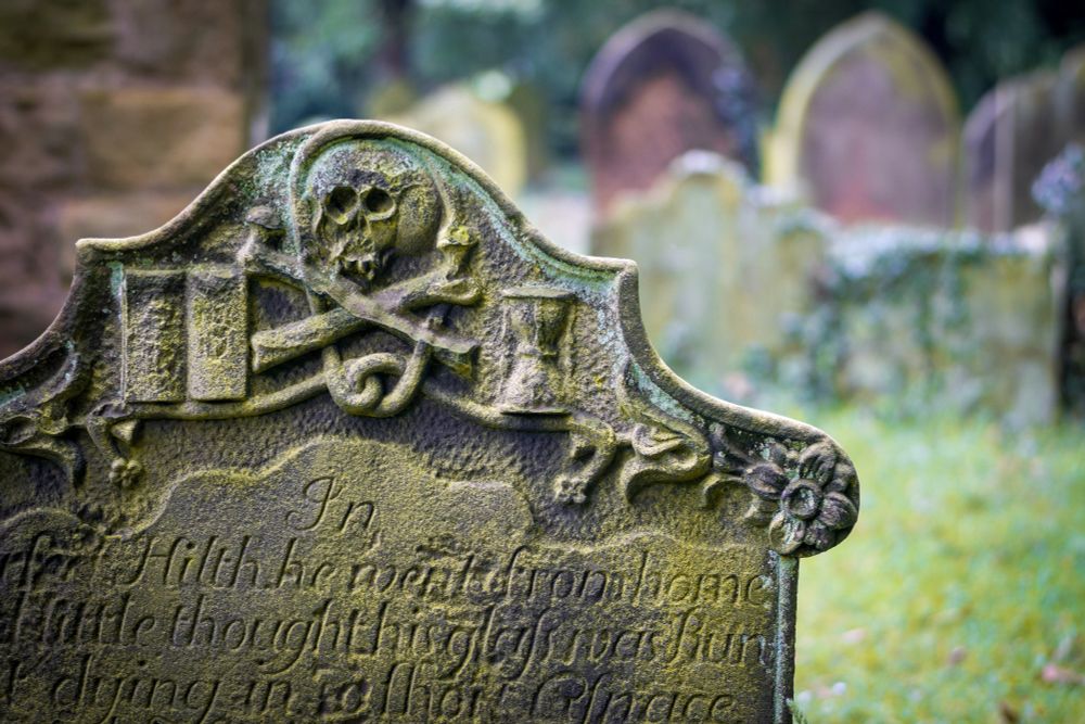 A gravestone with a skull and crossbones in the foreground, the churchyard blurred out behind.