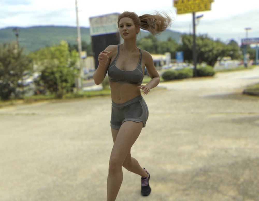 College-aged woman running past a Waffle House in a light-industrial area.