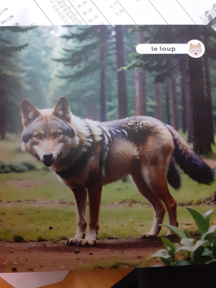 On voit sur l'image un loup gris, debout, qui regarde les lecteurs. Il a deux queues, ce qui montre là encore que l'image est générée par IA