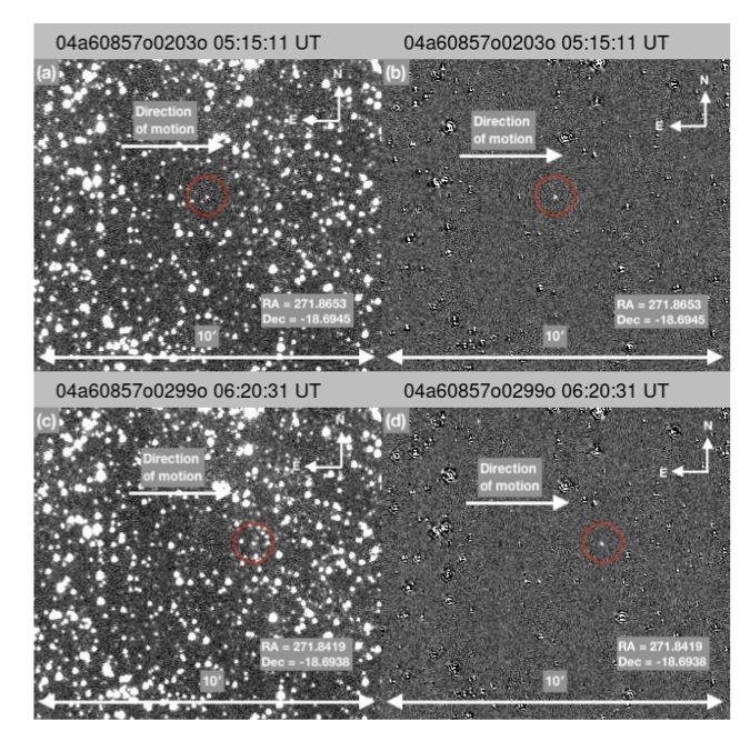 Discovery imaging of the comet from ATLAS. 3I/ATLAS sits inside the red circle (which is hard to see). The directon of motion is shown with an arrow. The comet itself is a faint little blip among a field of bright stars. The images on the right have the background stars sibtracted so you can see the comet more easily.