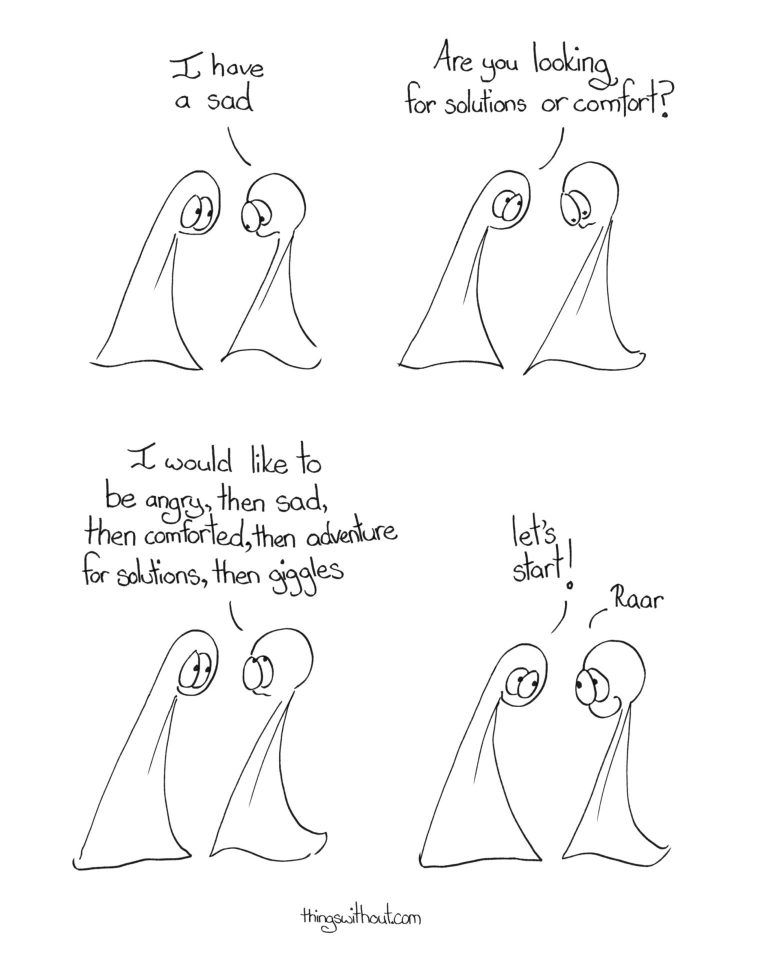 Transcript
Thing 2: I have a sad

Thing 1: Are you looking for solutions or comfort?

Thing 2: I would like to be angry, then sad, then comforted, then adventure for solutions, then giggles

Thing 1: Let’s start!

Thing 2: Raar