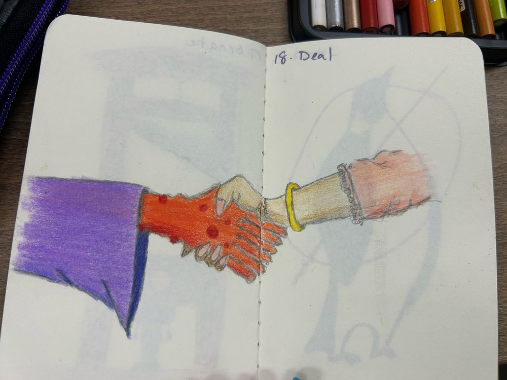 Drawing of two hands having a handshake.  One is a fem hand with pink nails and the other is a red/orange skinned hand with way too many fingers to be human