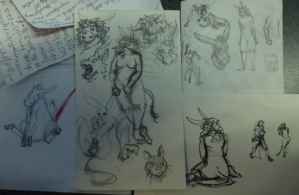 lots of donkeys, sometimes nude and in vulnerable positions, sometimes a headshot, one of a feral dragging it's bleeding ass along the floor. some other miscellaneous figures, a cat, and a dog's face, too.