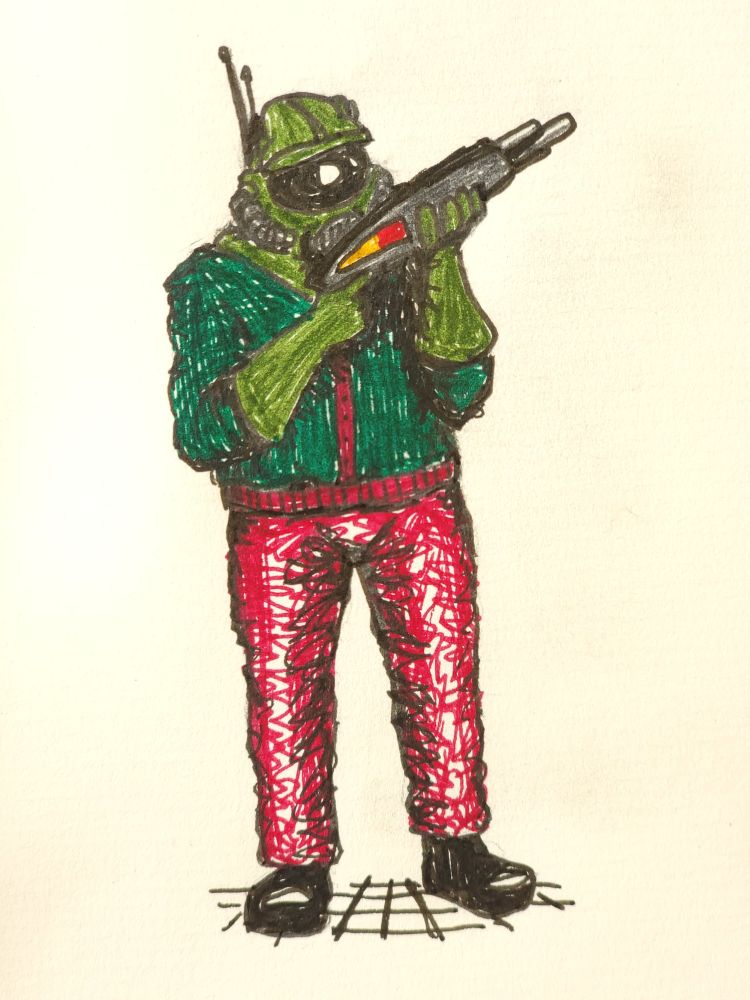 cartoony space soldier with big ass gun dressed in gear, helmet with dark and obscuring visor, antennas too