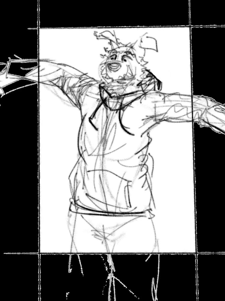 anthro dog man has arms up and is framed within black boxes, eyes are wide.