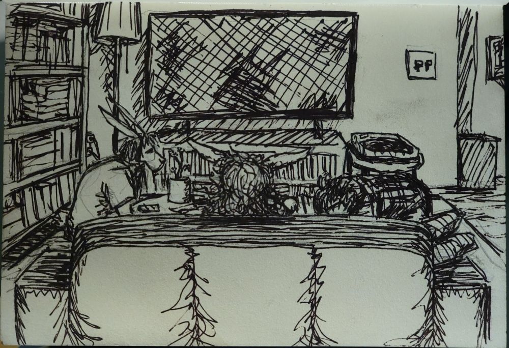 three hang together in a living room, presented in pen illustration