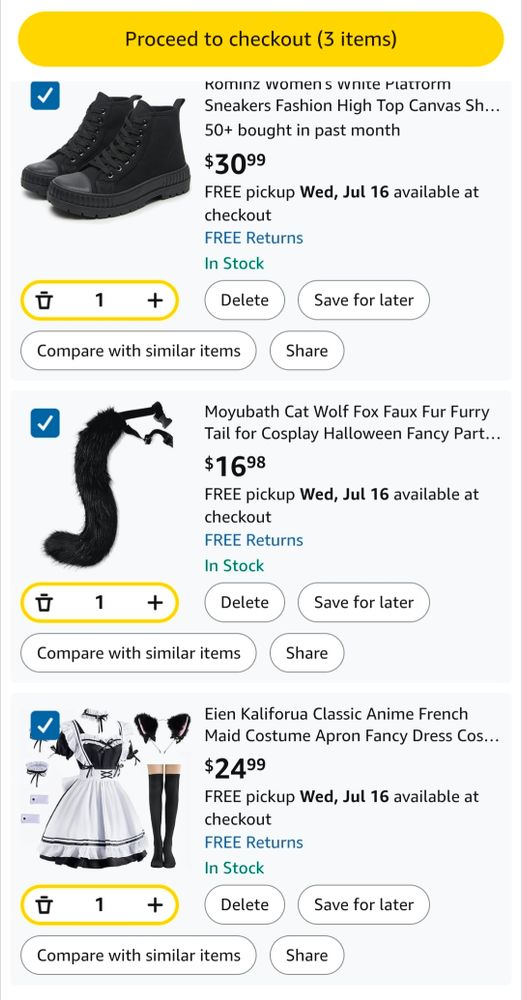 An Amazon shopping cart with a maid dress with cat ears, cat tail, and platform high tops