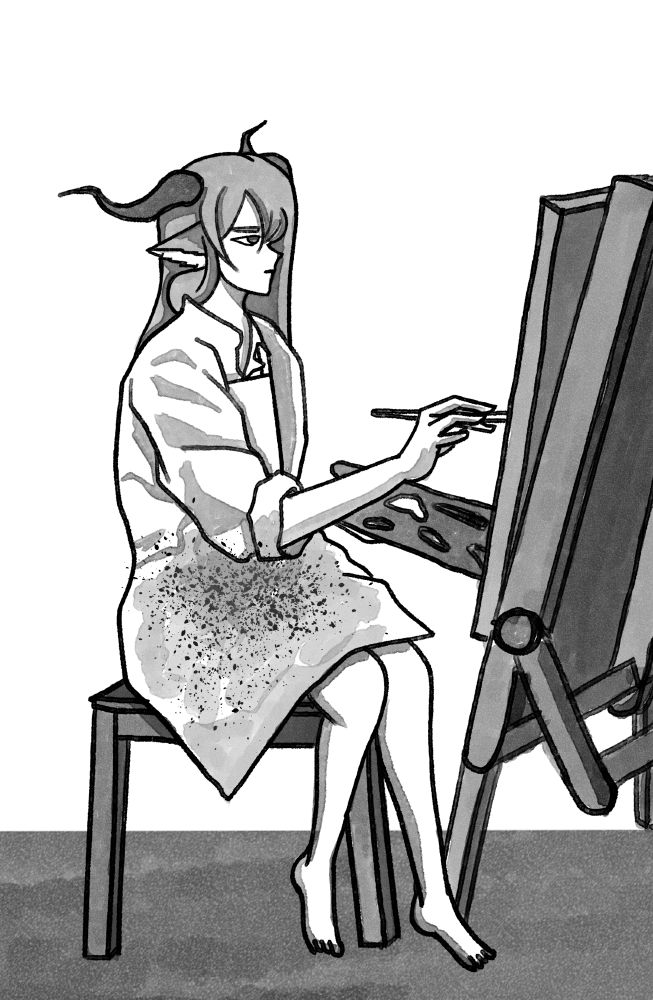 Degenbrecher (Arknights) sitting in front of an easel and painting on a canvas.