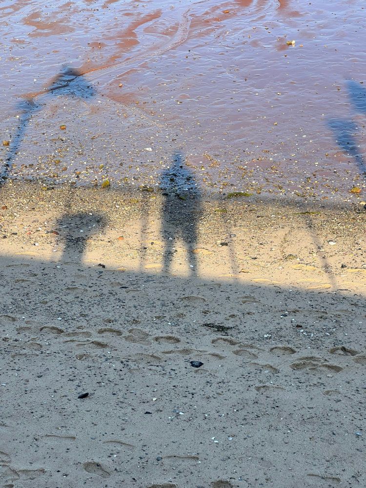 Shadow on the beach of someone standing on a deck above