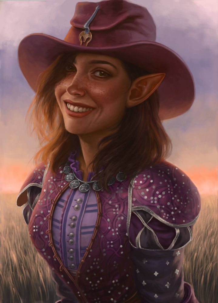A painting of Es the Gnome, smiling in a field 