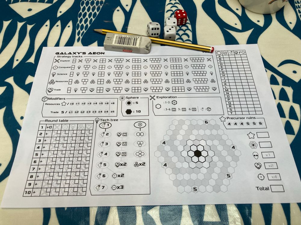 A sci-fi roll and write prototype sheet with pencil, rubber and four dice.