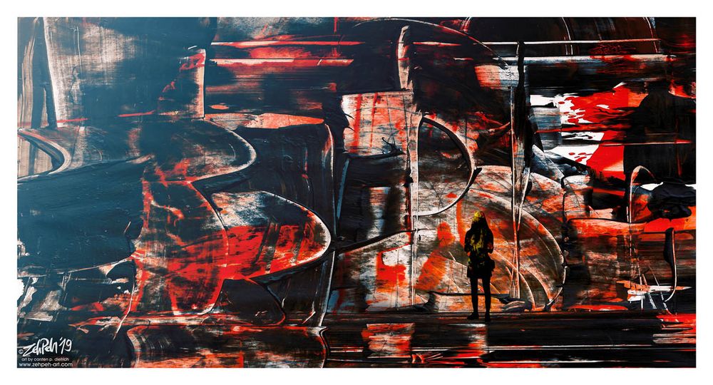 An abstract painting in red, black, white, beige and faintly blue tones. A woman's silhouette is seen standing in front of a wall adorned with distorted, energetic designs that are open to interpretation. Light trickles in from the top left corner of the composition.