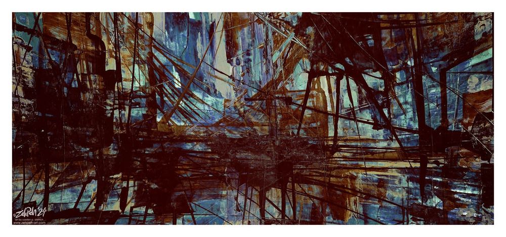 An abstract painting; a fractured landscape in sober blues, greys and shades of sepia. Industrial shapes, cables, shadows, reflections, overlapping blocks of colour and the vague suggestion of fading architecture.