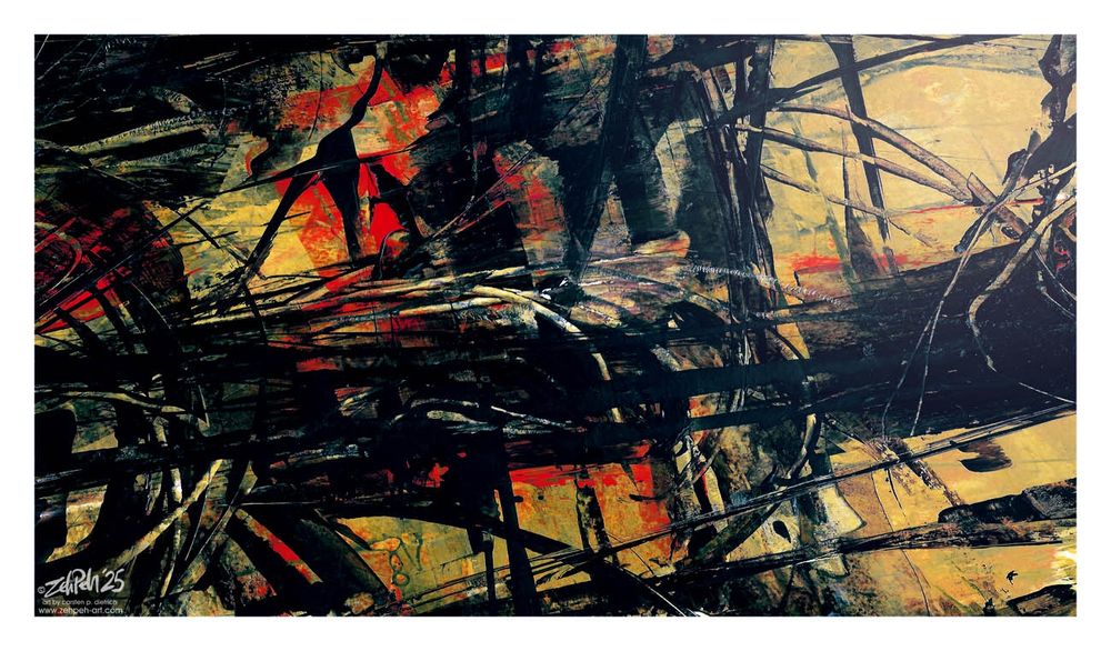 An abstract painting. Dark, fractured, quasi-industrial shapes furling before a pale, yellowish background. Harsh, strong red colour spurts from points unknown and diffuses into the ether. 