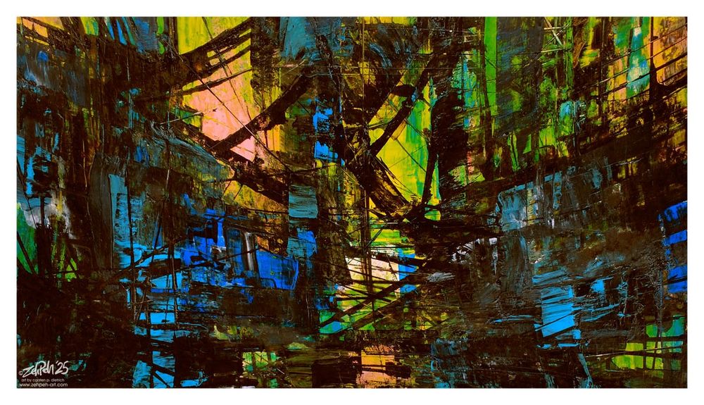 A semi-abstract painting of a distorted, futuristic, dystopian(?) cityscape dominated by interlocking, black architectural silhouettes. A melange of bright colours illuminates the scene from within and via the background, where a calm rose hue shines in from the left and mingles with more aggressive yellows before vanishing within an acrid green vapour. Cool blues pulse amid inky detritus.