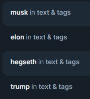 Screenshot of Bluesky muted words showing "musk", "elon", "hegseth" and "trump"
