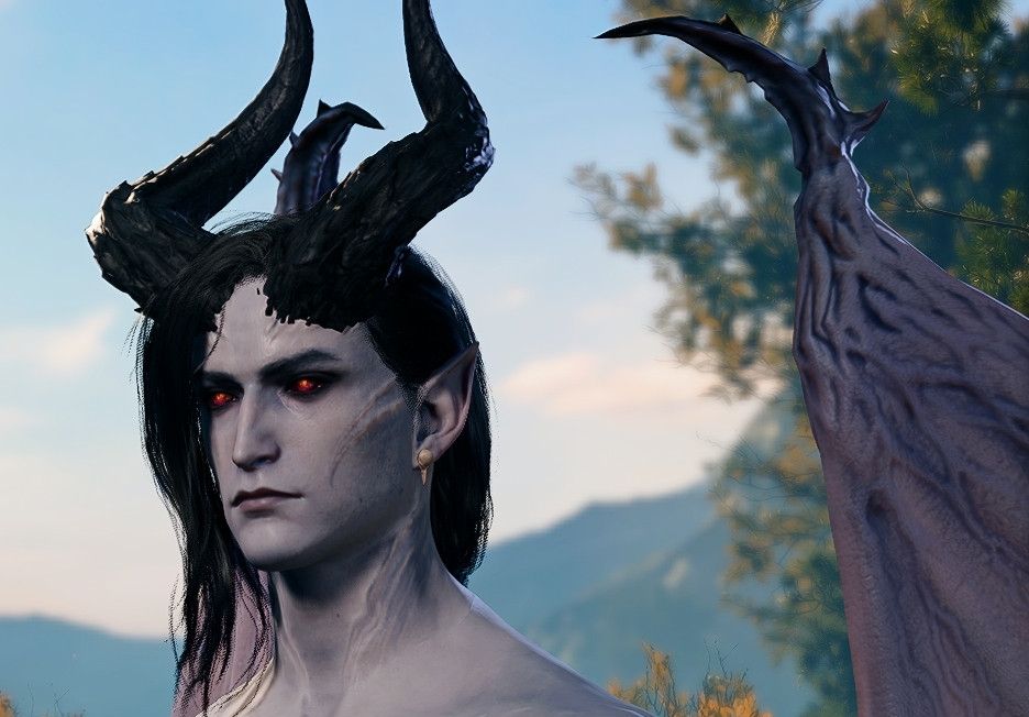 Screenshot of Abraxas 
Cambion with blue/ grey skin
Black hair and horns. 
Red eyes