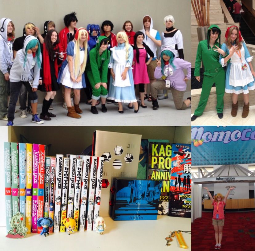 Collage of 4 images. First is a group of Kagepro cosplayers from MomoCon 2013. Second image is a Seto and Momo cosplayer from AWA, most likely 2014. Third image is a display of kagepro manga, LNs, and CDs. Last picture is a Momo cosplayer standing under a MomoCon banner circa most likely 2014 or 2015. 
