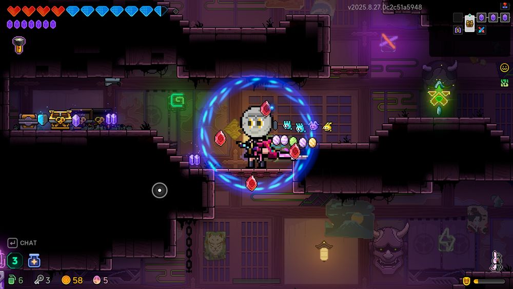 Shortly after I realized my character's size hadn't reset, the first time I leveled up with the artifact that makes you bigger and do increased damage that resets every level. I'm playing as Saya in her DLC outfit and wielding a sword, but have a moon for a head. Also surrounded by 4 floating rubies and a blue shield.
