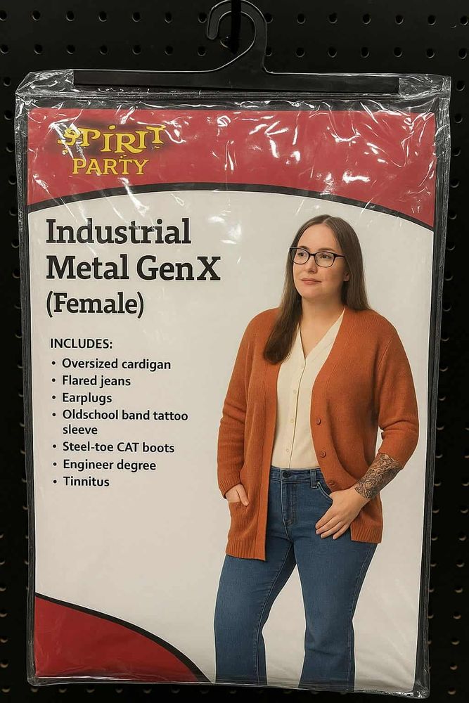 A brunette with long hair, pale skin, black rimmed glasses, jeans, a white top, and an orange cardigan, on the Spirit Halloween costume meme format.
Industrial Metal Gen X (Female)
INCLUDES:
Oversized cardigan 
Flared jeans
Earplugs
Old-school band tattoo sleeve
Steel-toe CAT boots
Engineer degree
Tinnitus. 

I have no tattoos and I only have regular Doc Martens. Well. Actually they're wildly patterned and extremely metallic. And my other pair are holographic silver. 
And I have a Lit degree. 
Also I don't listen to Industrial.
She does kinda look like me, though. 