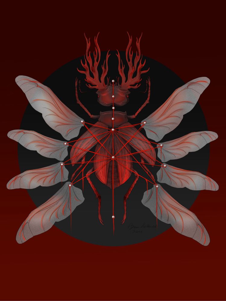 Pinned stag beetle with multiple wings and staghorn mushroom antlers, with red yarn connecting the parts