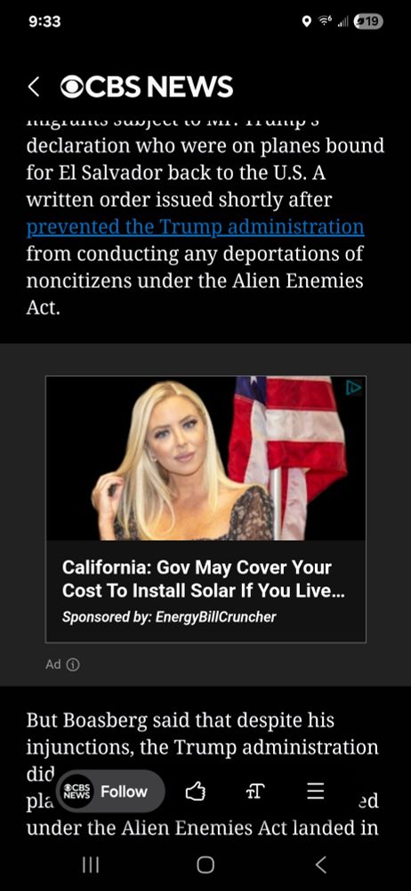 screenshot of CBS news article with an ad that is a maga looking white blonde woman pasted in front of an American flag. its somehow about getting solar panels in CA