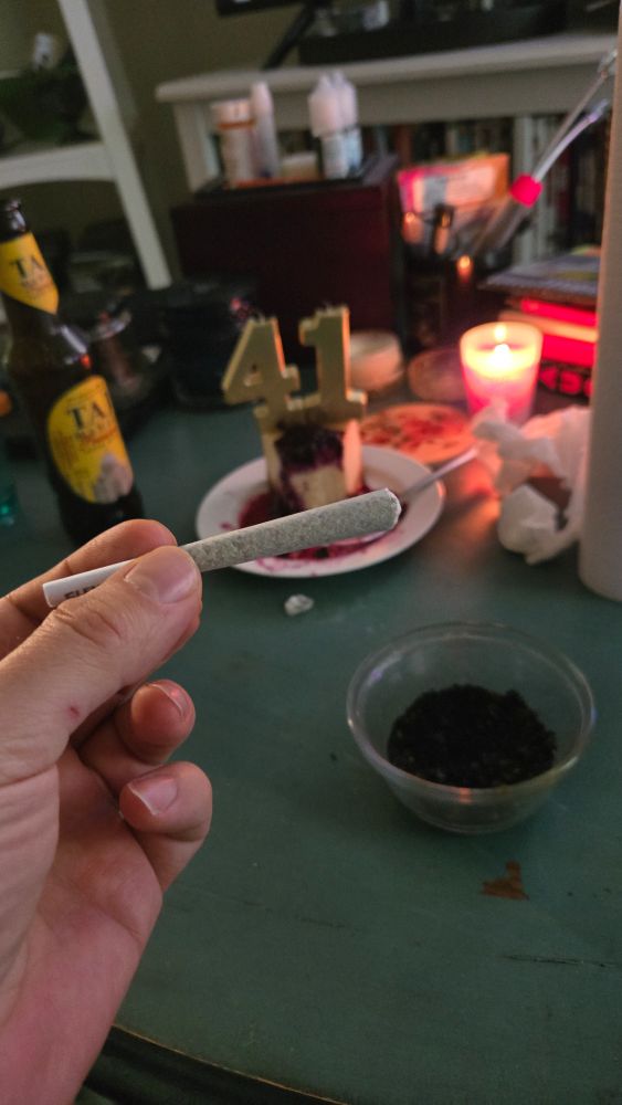 preroll in front of cheesecake with 41 candles.